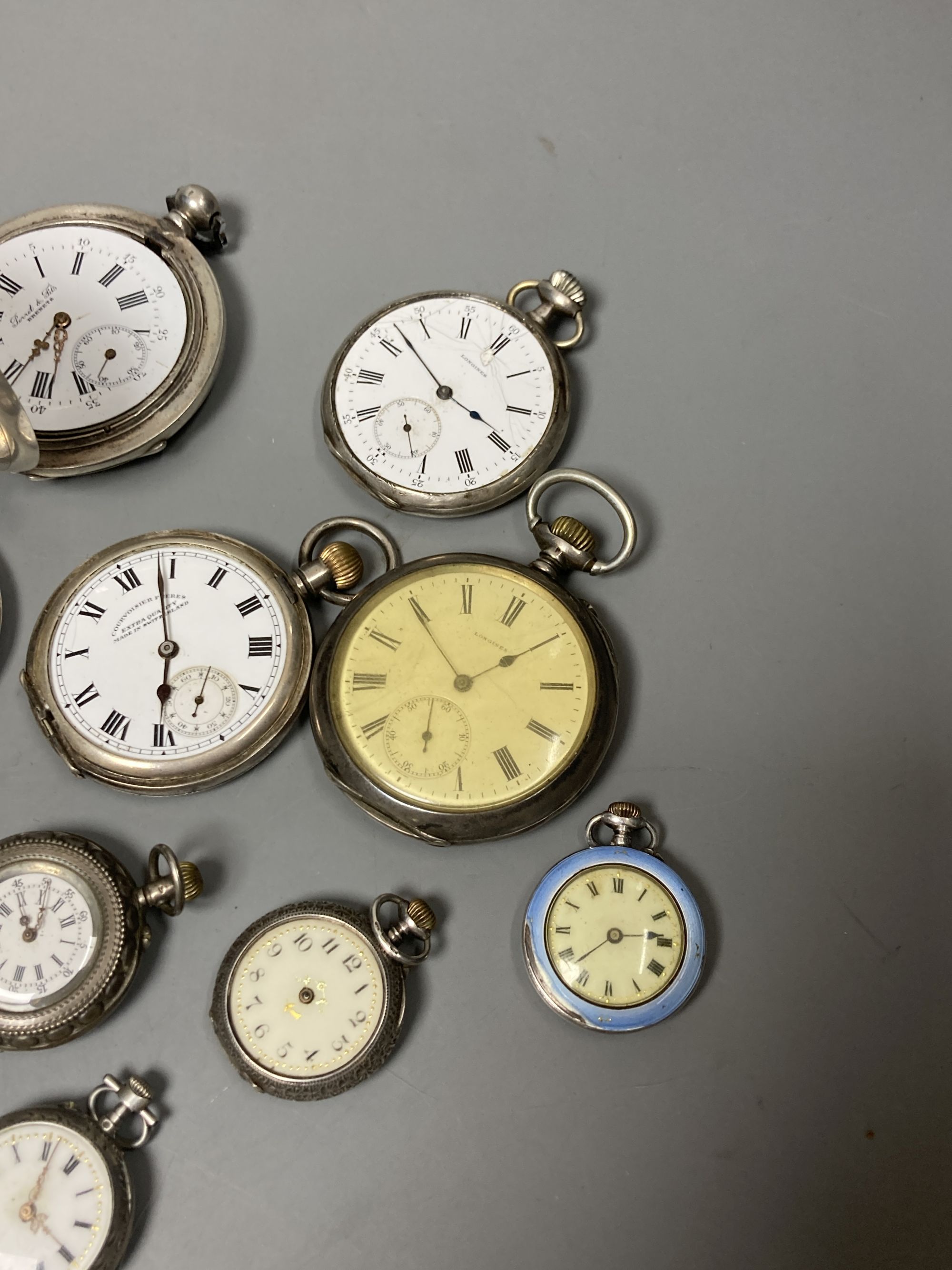Ten assorted silver or white metal pocket and fob watches, including Russian, silver calendar moonphase and enamelled fob watch (all mainly a.f.).